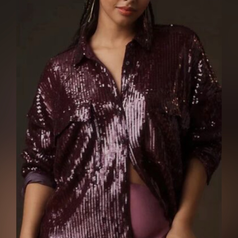 Anthropologie Pilcro Sequin Button
Down Shirt 2X NWT in Plum